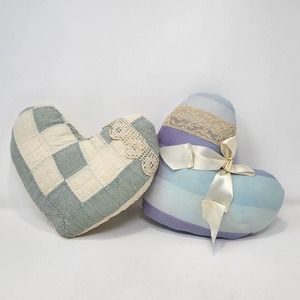 Handmade Fabric Heart Pillows Quilted Lace Bow Blue Green Cream Primitive